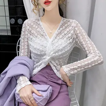 

COIGARSAM Sexy Full Sleeve blouse women Lace Thin Hollow Out V-Neck blusas womens tops and blouses White 21008