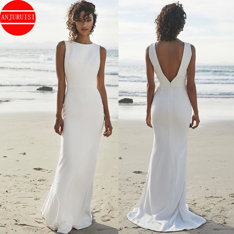 Wedding Dresses Simple Elasticity Soft Satin Beach Wedding Dresses for Women Bride Gown V Back Bohemian Mermaid