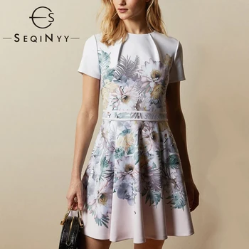 

SEQINYY Elegant Dress 2020 Summer Spring New Fashion Design Women Runway Flowers Print Purple Light A-line Dress Mini