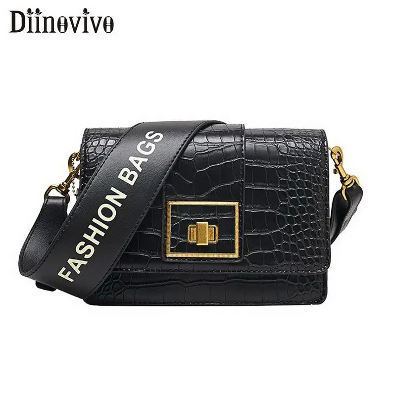 

DIINOVIVO Retro Stone Pattern Handbags Female Lock Design Messenger Crossbody Bags For Women Wide Strap Shoulder Bag WHDV1401