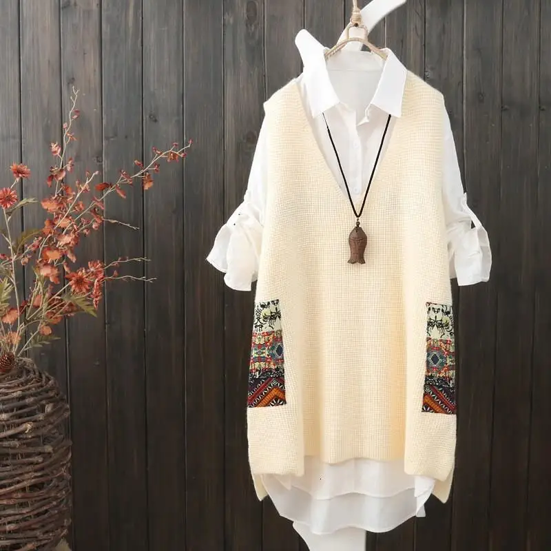 Осенний Женский вязаный свитер с v-образным вырезом, лоскутный Длинный жилет, свободная винтажная верхняя одежда большого размера