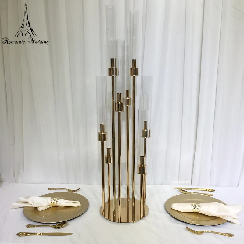 

8pcs/lot 39 inches tall 8 Arms Gold or Silver Metal Candle holder Round Base for Wedding Decoration Table Centerpiece Decor