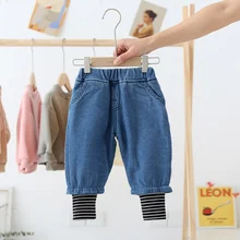 Fashion Winter Baby Girls Boys Kids Jeans Thicken Velvet Pants Warm Trousers Children Clothes Strip Full Length Pant S10276