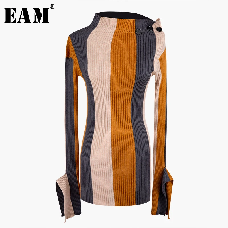 

[EAM] Striped Button Split Joint Knitting Sweater Loose Fit High Collar Long Sleeve Women New Fashion Autumn Winter 2019 1D7620