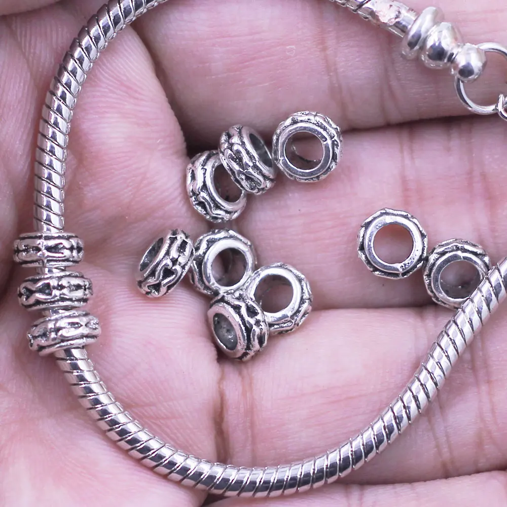 500Pcs Spacer Beads Silver Tone Carved Ring Fit For European Charms Bracelet Jewelry DIY Making Charms Findings 6x3mm