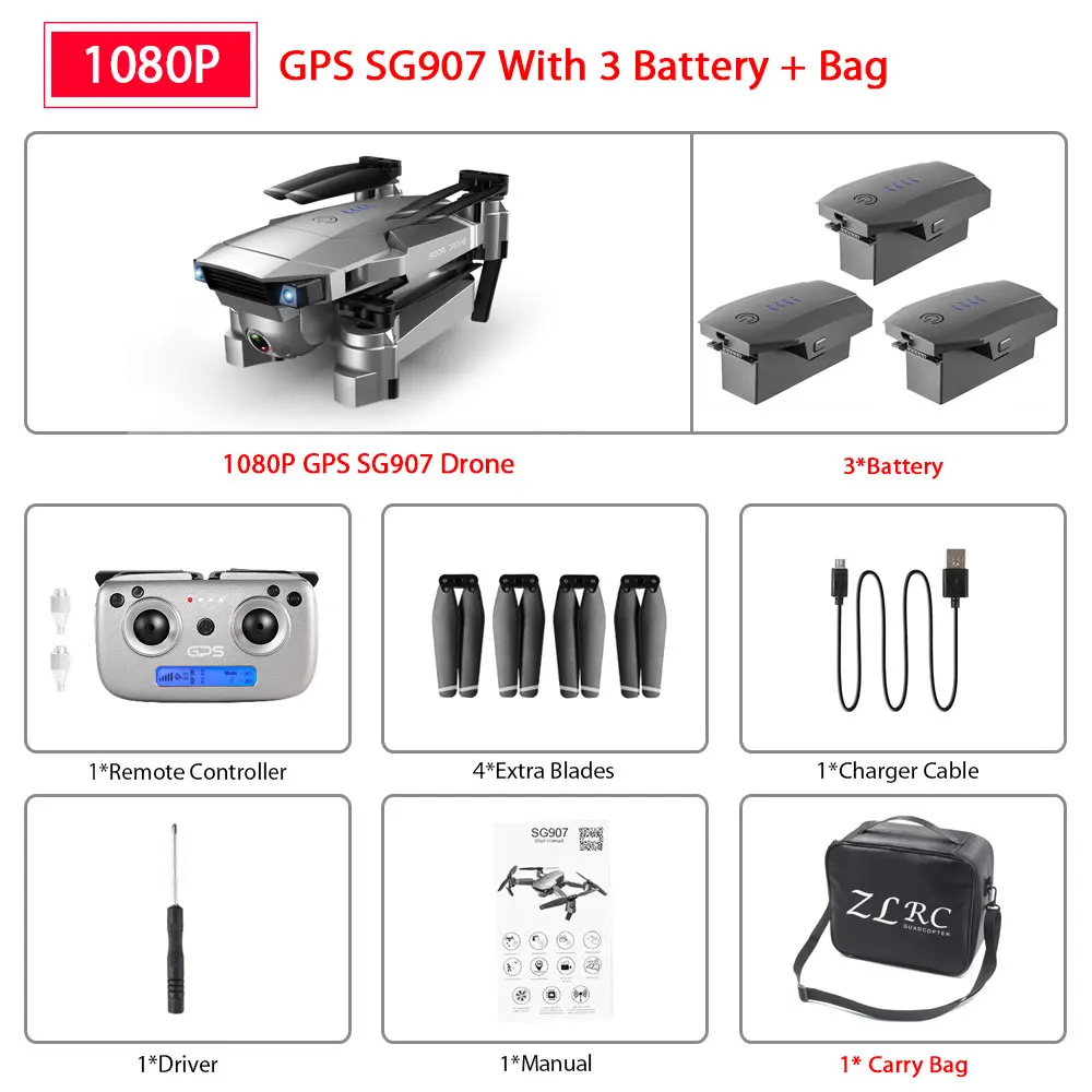 SG907 1080P 3B Bag ZWN SG907 SG901 gps Дрон с Wi-Fi FPV 1080P 4K HD Двойная камера оптический поток RC Квадрокоптер следуй за мной мини Дрон VS SG106 E520S - Цвет: SG907 1080P 3B Bag