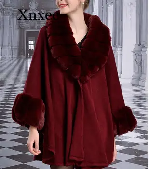 

2020 Winter Cloak Warm New Women Cardigan Big Imitation Fox Fur Collar Cape Fashion Solid Poncho With Long Fur Sleeves