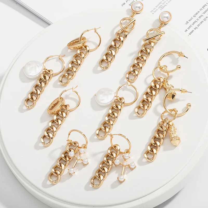 

UJBOX New Dark Gold Twist Chain Earrings Fashion Europe America Exaggerated Earrings Geometric Simulated Pearl Earrings