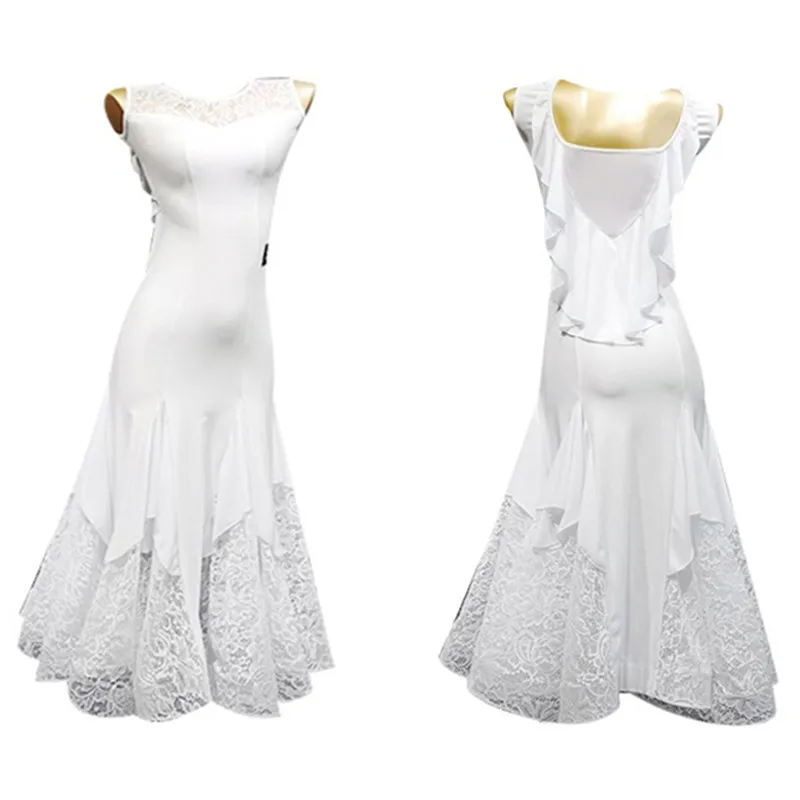 

viennese waltz dress ballroom rumba dress white ballroom dress tang costume lace splicing Ruffle long dress for dance wear women