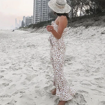 

Fashion leopard print wide leg jumpsuits women summer new ruffle beach jumpsuit playsuits sexy sleeveless lace up overalls