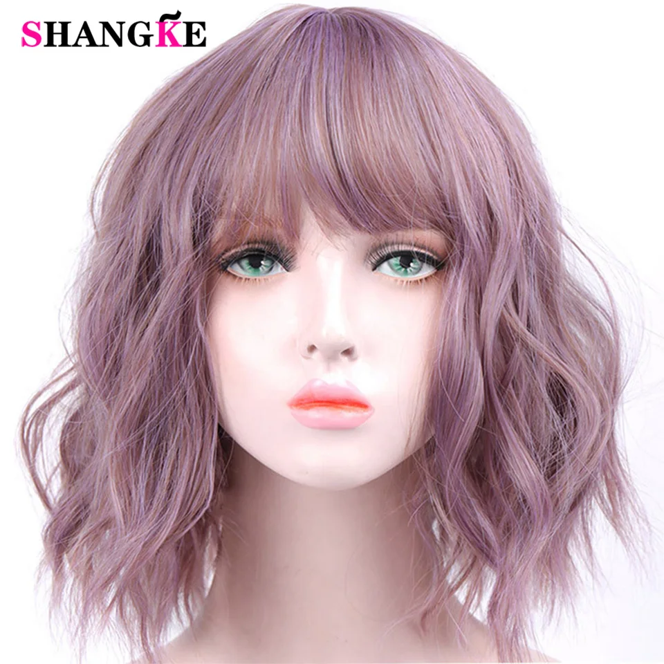 SHANGKE Synthetic Short Water Wave Cosplay Bob Wig with Bangs Heat-resistant Fiber Lolita Wigs For Women Daily Women's wigs