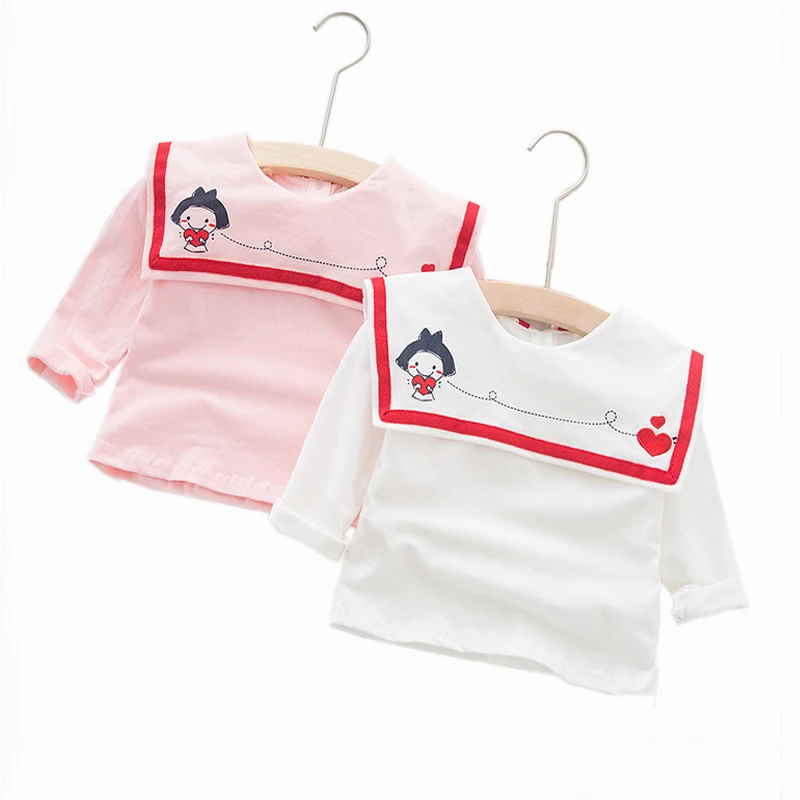 

2019 Spring Autumn New Long Sleeve Love Embroidered Girls T Shirts Shawl Collar Print Cartoon T Shirt Girls Tops Clothes Pink