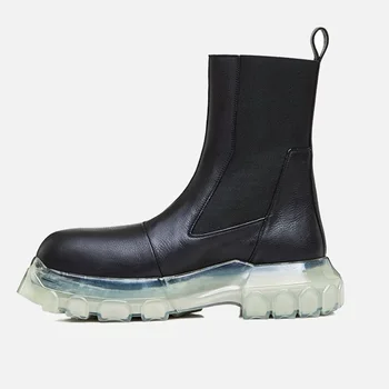 

Concise Elastic Brand Platform Female Women Winter Ankle Boots Genuine Leather Chunky Heels Black Shoes Woman Chelsea Boots 39