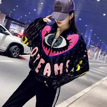 

Autumn Women Sequin Coat Black Bomber Jacket Long Sleeve Zipper Streetwear Tunic Loose Casual Basic Lady Shiny Top Outwear
