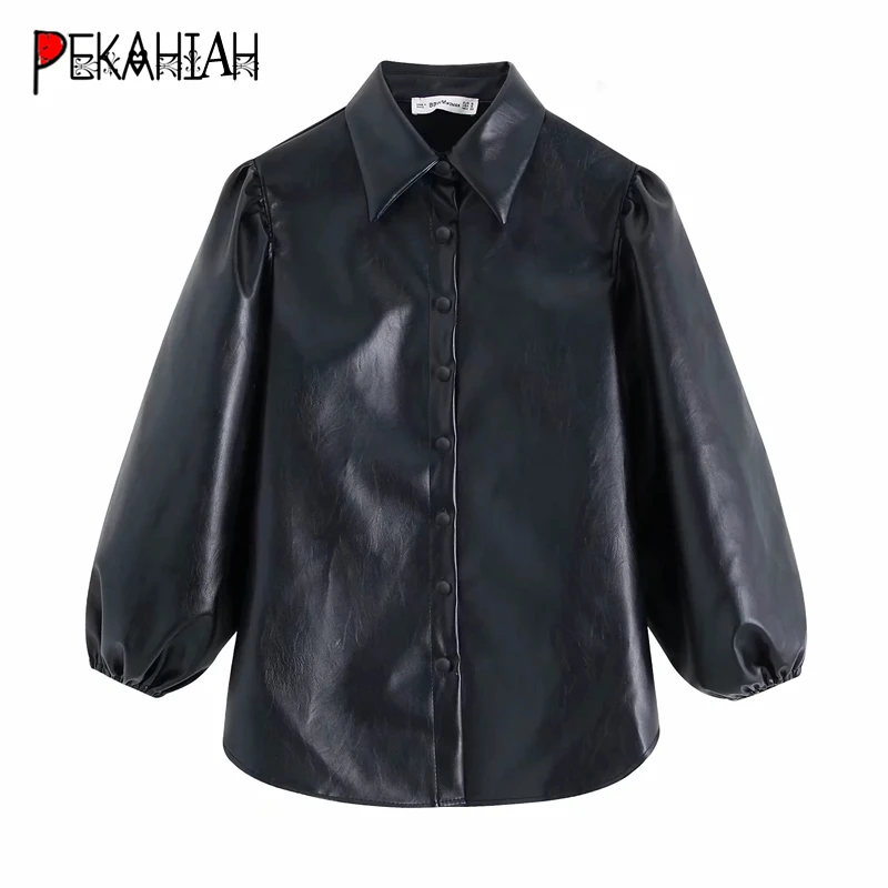 Винтажная черная блуза из искусственной кожи корейские женщины моды топы и