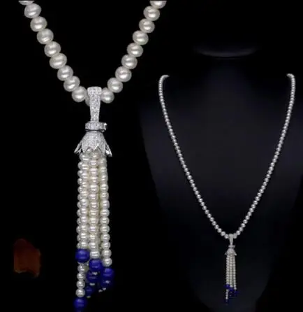 

hot sell luxury Noble jewelry New AAA 7-8mm+3-4mm white natural freshwater pearl Necklace/ Sweater chain
