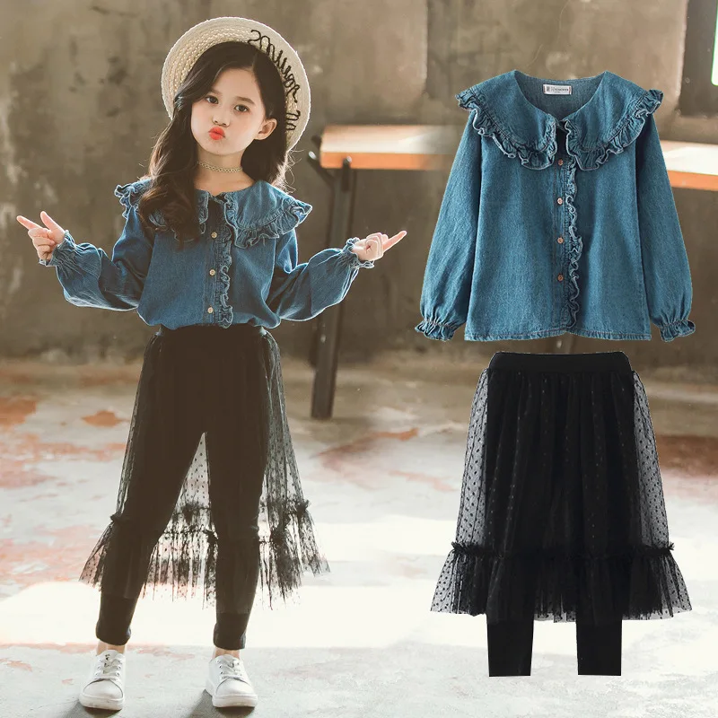 Soild/Цветные комплекты одежды для девочек Весенняя хлопковая рубашка+ брюки, кружевная юбка, штаны детская одежда осенняя одежда для девочек детские комплекты
