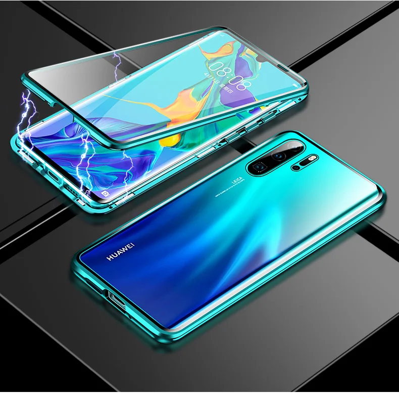 Зеленый Магнитный поглощающий металлический флип-чехол для huawei P30 P30Lite P30Pro, двухсторонний чехол из закаленного стекла для huawei P30 Pro, чехол - Цвет: Зеленый