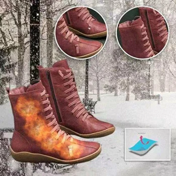 

Winter Women Snow Ankle Boots Handmade Sewing Flat Corss Tie Solid Zipper Warm Fur Lining Round Toe Retro Classic Shoes Ladies