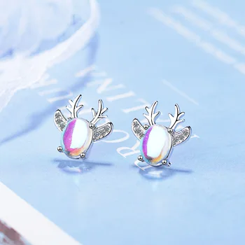 

925 Sterling Silver Opal Deer Animals Stud Earrings For Women Wedding Christmas Party Jewelry Oorbellen eh1443