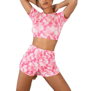 

Women 2pcs Set Short Sleeve Pajama Set Lounge Wear Fashion Female Ladies Tie Dye Printed Sleepwear Nightwear Casual Homewear