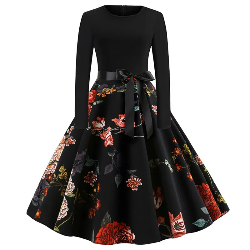 Платья для женщин с музыкальными нотами, 50 S, 60 S, винтажное Цветочное платье, Свинг, пинап, элегантное вечернее платье с длинным рукавом, повседневное, размера плюс, с принтом, черное - Цвет: A023