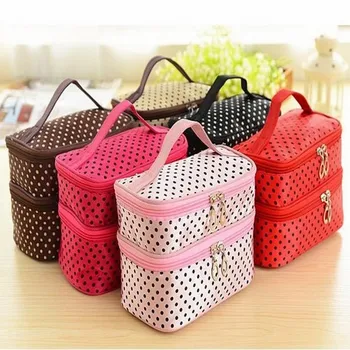 

Travel Cosmetic Bag Beautician Make up Bag Multifunctional Storage Package Container Pouch Double layer Dots Cosmetic Bag