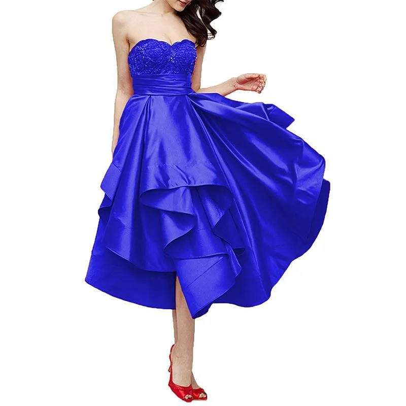 Royal Blue JaneVini красный бисер Высокий Низкий Homecoming платья гофрированные расширяющиеся книзу атласные длиной до колен Вечерние платья Hi-Low выпускное платье - Color: Royal Blue
