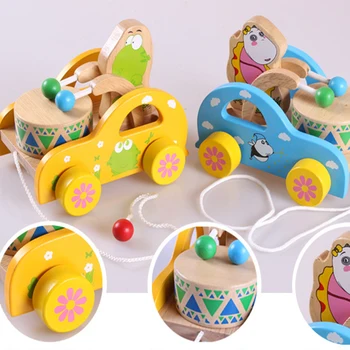 

Creative Children's Hand Extended Leash Pull Toy Car Toddler Baby Toy Children Gift yellow/blue Wooden Play Beat Sound Tractor
