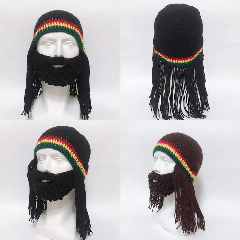 Забавная вязаная шапочка унисекс для мужчин и женщин, креативная шапочка с бородой, маской, маскарадная шапочка для Хэллоуина, Ямайки с париком, дредами, D08E