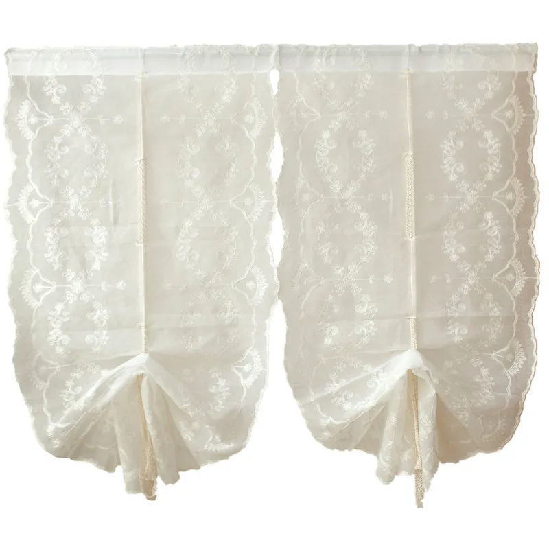 

Pure White Short Curtains Embroidery Roman Blinds Sheers Floral Lifting Curtain for Kitchen Bay Window Balloon Door Tulles