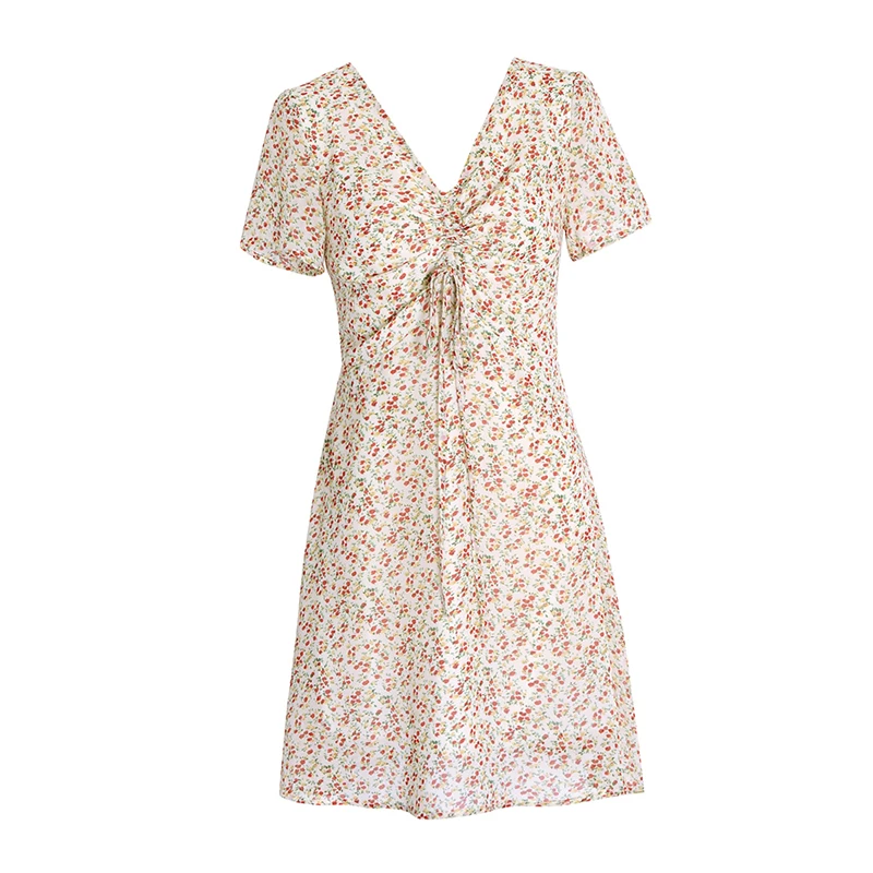 VSUE Black Beige V Neck Short Sleeve Mini Dress Floral Print Summer Casual Drawstring D1860 | Женская одежда