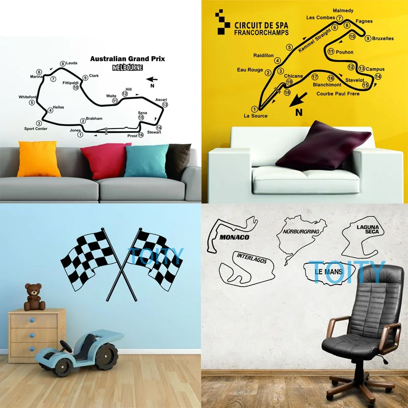 

8 Designs RACE TRACK Wall Decal MONACO LE MANS LAGUNA SECA INTERLAGOS CIRCUIT MAP Decor Poster Checker Flag Vinyl Sticker Art
