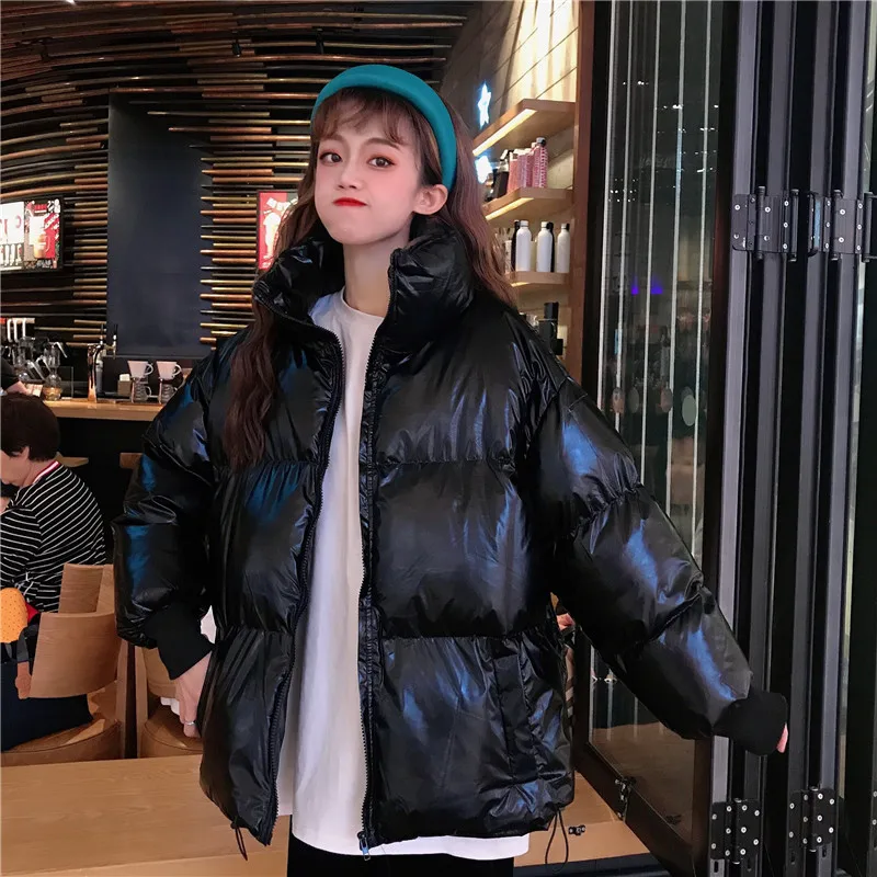 Черный Harajuku уличная одежда, пальто на завязках, глянцевая зимняя куртка большого размера, Женская Толстая стеганая верхняя одежда, блестящая куртка, хлопковые парки - Цвет: Черный