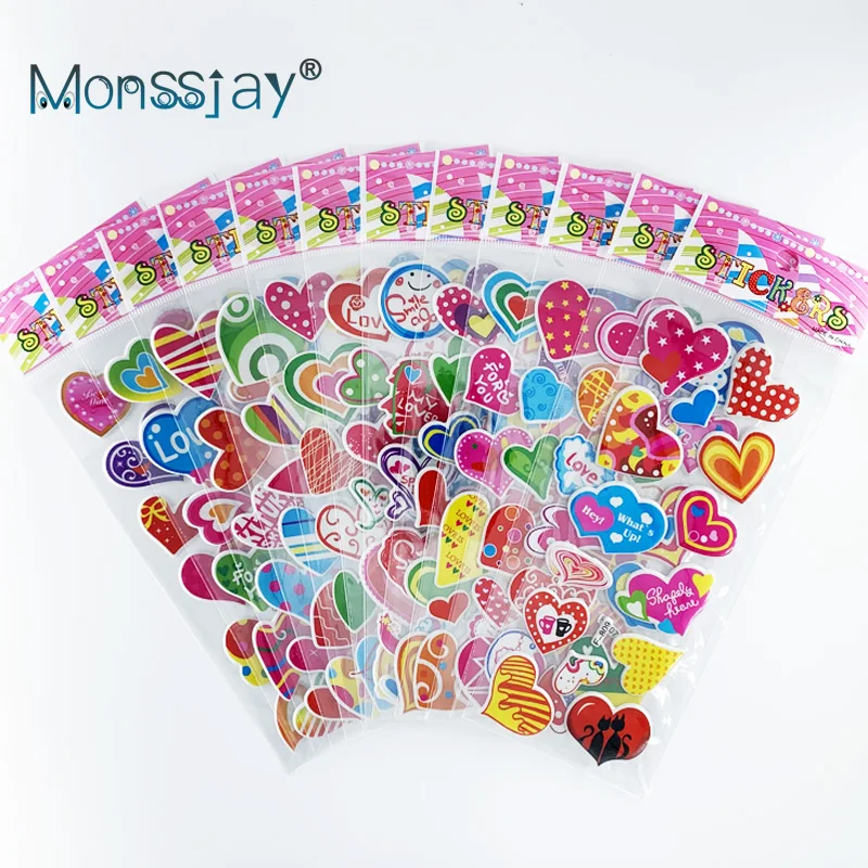 12 Sheets/Set Love Heart-Shaped 3D Cute Puffy Bubble Stickers for Girls Kawaii Scrapbook Sticker Kids Beautiful Gift