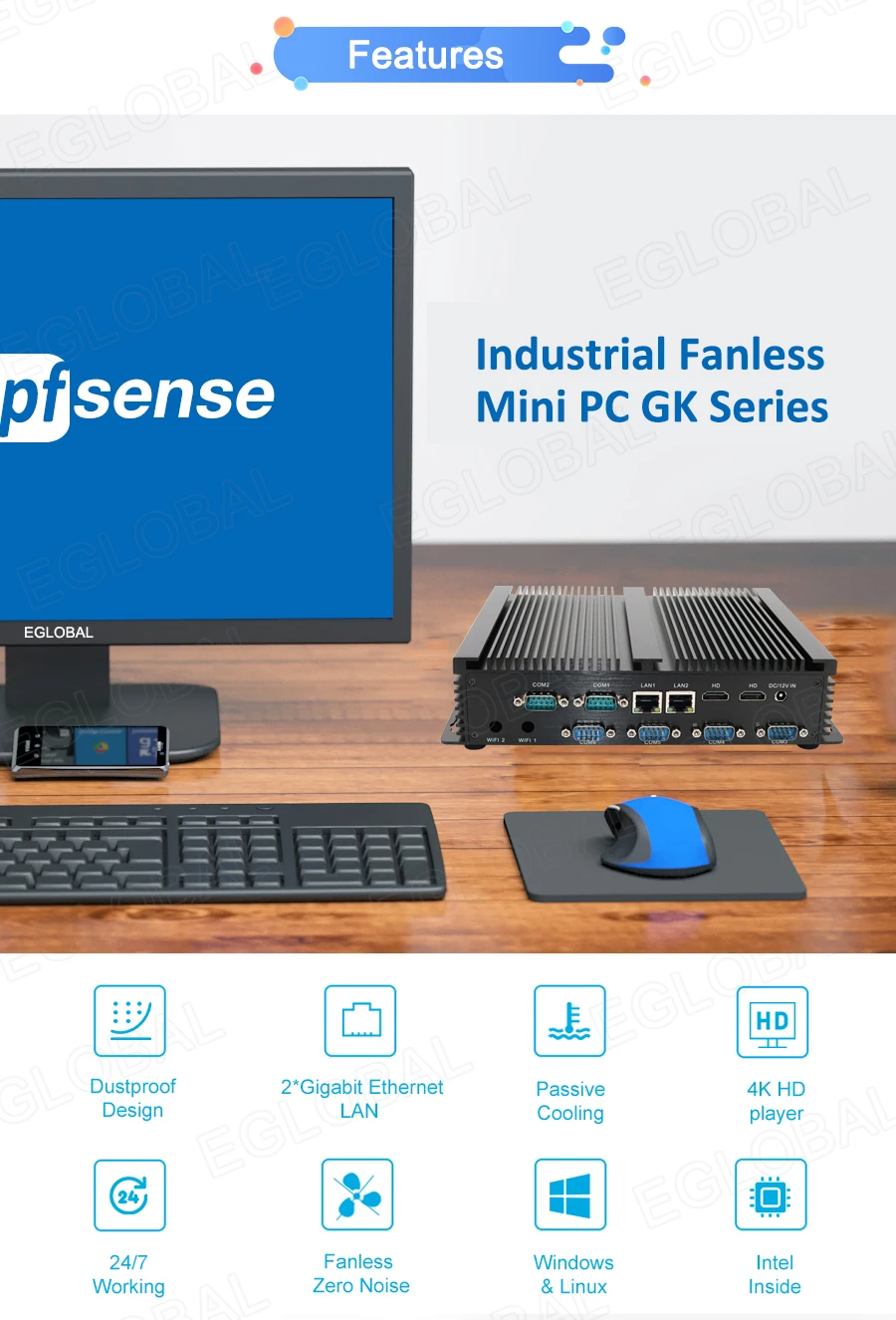 Elevate Your Workspace with Eglobal Industrial Mini PC - Intel Core i3/i5, 2 RJ45 LAN, 2 HDMI, Linux Desktop Computer, 6 RS232 COMs, 8 USB, Windows Ready Description Image.