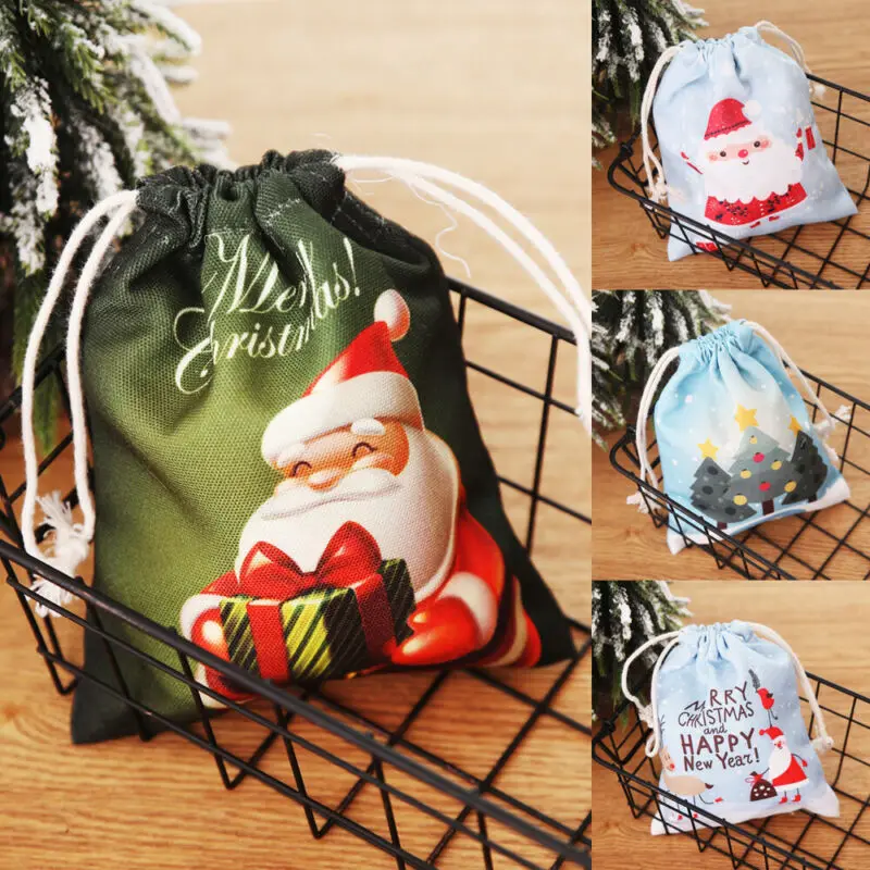 

Merry Christmas Candy Bag Plastic Drawstring Bags Silk Ribbon For Birthday Wedding Party Decora Kids Gift Wrapping Supplies
