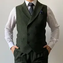 2021 Bristish Green Groom Vests Double Breasted Brown Wool Herringbone Tweed Groomsmen Vest Mens Suit Prom Wedding Waistcoat