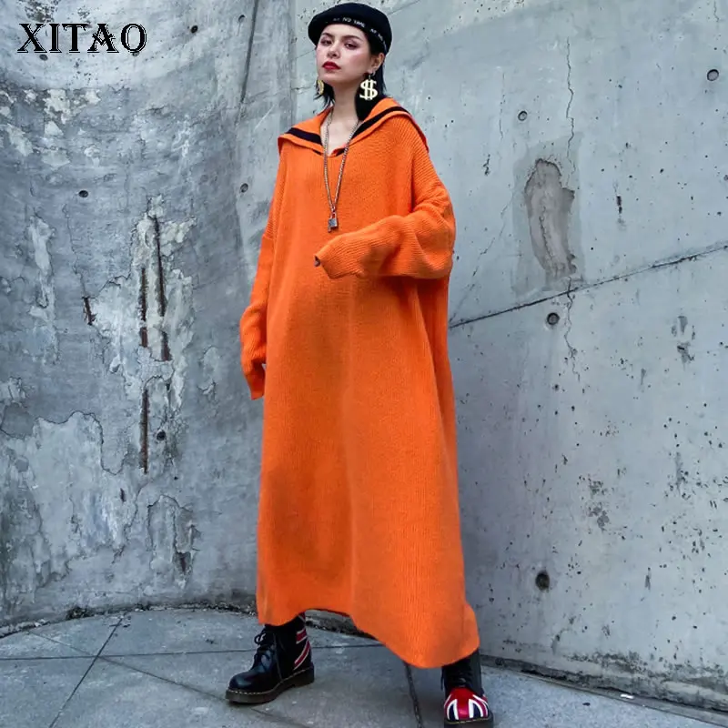XITAO размера плюс вязанное платье темно синего цвета Женская одежда 2019 зима