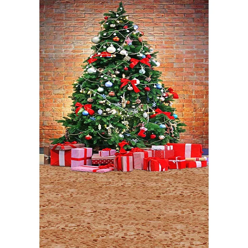 5x7FT Merry Christmas Red Brick Wall Tree Color Balls Gifts Star Bow Custom Photo Studio