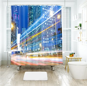 

3d Colorful City and Tall Building Red Bus Shower Curtains Waterproof Thickened Bath Curtains for Bathroom Customizable