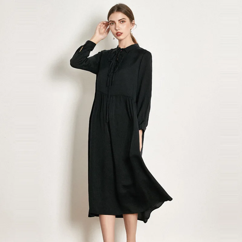 Zwarte echte zijde jurken vrouwen natuurlijke zijde 2019 hoge kwaliteit meisjes werk boho shirt jurk elegante plus size lange mouw gratis schip Zwarte echte zijde jurken vrouwen natuurlijke zijde 2019 hoge kwaliteit meisjes werk boho shirt jurk elegante plus size lange mouw gratis schip