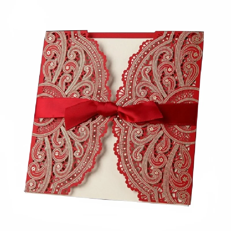 

50 pcs Wedding invitations Square Red Invitation Cards Laser Cut Hollow Lace Invites With Ribbon Bow Wedding & Engagement Cards