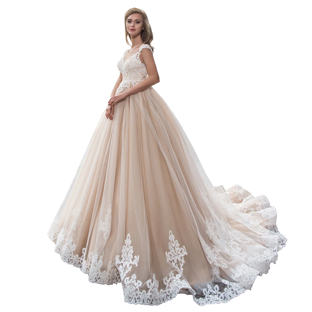 

New Arrival 2020 Champagne Wedding Dress with Ivory Applique Cap Sleeve Scoop Tull Ball Gown Bride Dress abiti da sposa