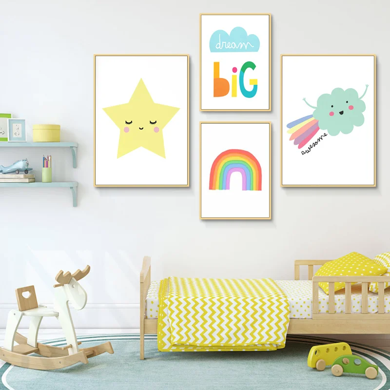 

Cartoon Colorful Rainbow Cloud Star Canvas Poster Minimalist Wall Art Print Painting Picture Nordic Kid Bedroom Decor