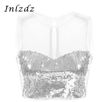 

Womens Ballet Dance Top Round Neck Sleeveless Mesh Spliced Shiny Sequins Bodice Tank Tops Music Festivals Crop Top for Dancewear