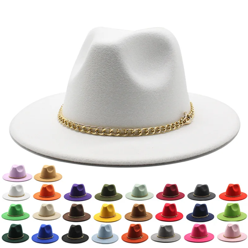 2022 new big brim hat flat brim top hat fedora hat autumn winter men and  women chain woolen jazz hat fashion Panama hat