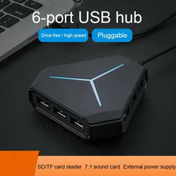 

USB 2.0 HUB 6 Port 1m Cable Splitter With TF SD Card Light Laptop Desktop Reader AUX For Multi-device Charging Mic Cool L2F6