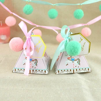 

100pcs Triangular Christening Baby Shower Blue/Pink cartoon horse Candy Boxes With Ribbon & Tags & Balls Baptism Party Gift box
