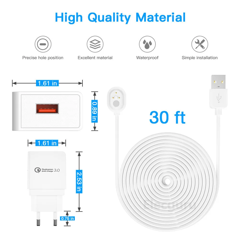 Cabo de Carregamento Câmera do Projetor Carregador de Carregamento Rápido do qc 3.0 à Prova de Intempéries Impermeável de 30ft 9m com Adaptador para Arlo Branco - Pro 3 - Image 4